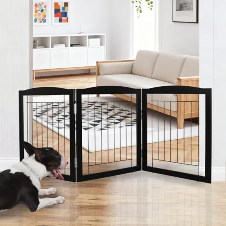 

Freestanding Foldable Dog Gate for House Extra Wide Wooden Black Indoor Puppy Gate Stairs Doorways Pet Gate Tall Dog Fence 3 Pa