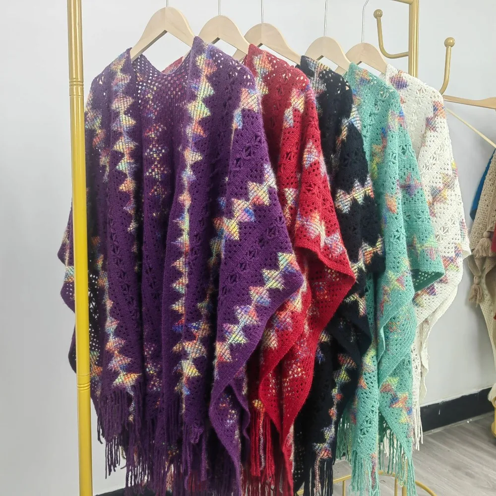 الفاخرة العرقية نمط محبوك شال شتاء دافئ أنيق شريط شرابة شال معطف تراكب أزياء المرأة