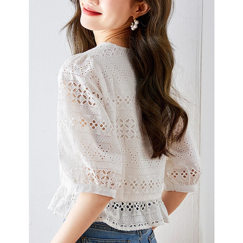 New Women Hollow Lace Embroidery White Elegant Cotton Shirts Summer Trendy Ruffle V Neck Slim Chic Blouses Blusa Mujer Moda 2023