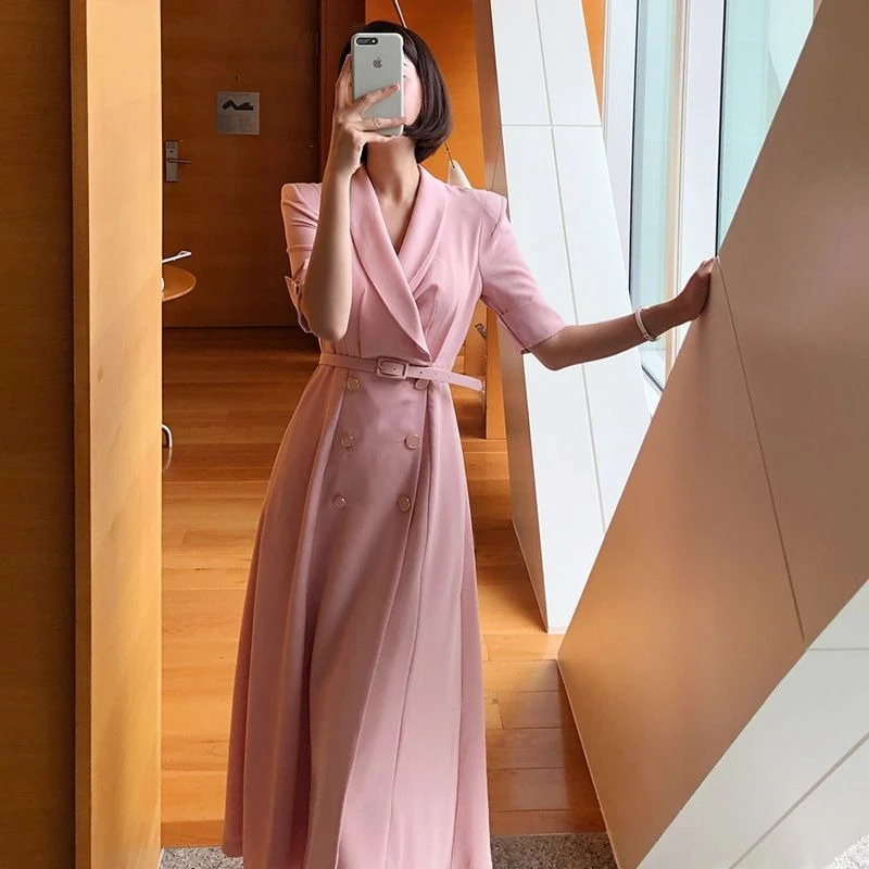 2025年春 レディース ダブルブレスト ドレス - ベルト付きトレンチドレス、エレガントなラペルミディドレス、オフィスカジュアル outfits