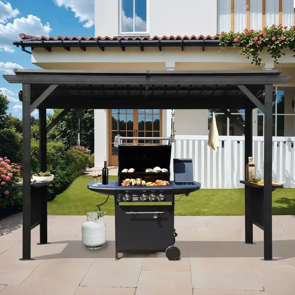 Domi 6.5x12T Hardtop Grill Gazebo, Outdoor BBQ Gazebo with Galvanized Steel Sloping Roo, Metal Permanent Sun Shade Grill Shelter