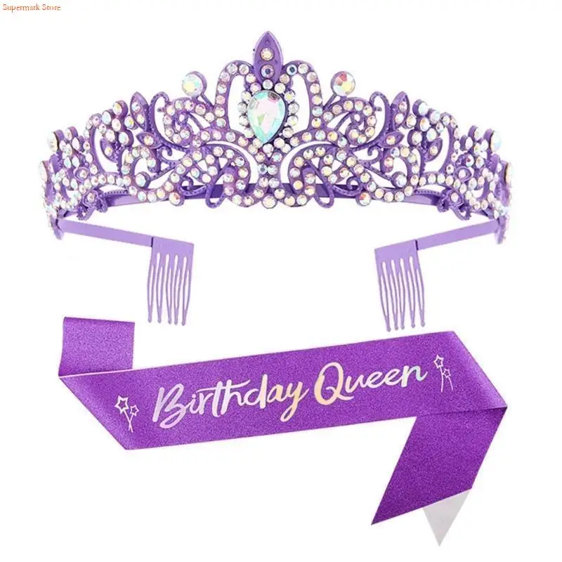 Q5WE 2 Pieces Fashion HRhinestone Tiaras Headband and Sash Set air Accessories for Women’s Birthday Parties and Occasion