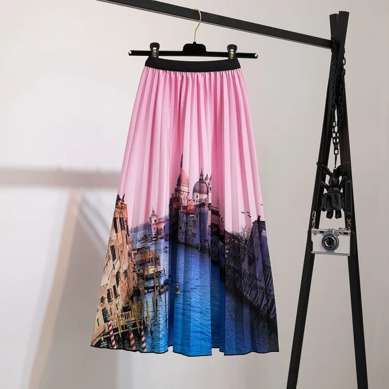 

Nighpha Cartoon Castle Print Pleated Skirt for Women Summer Causal Elastic High Waist A-line Skirts Midi Long Skirt Female