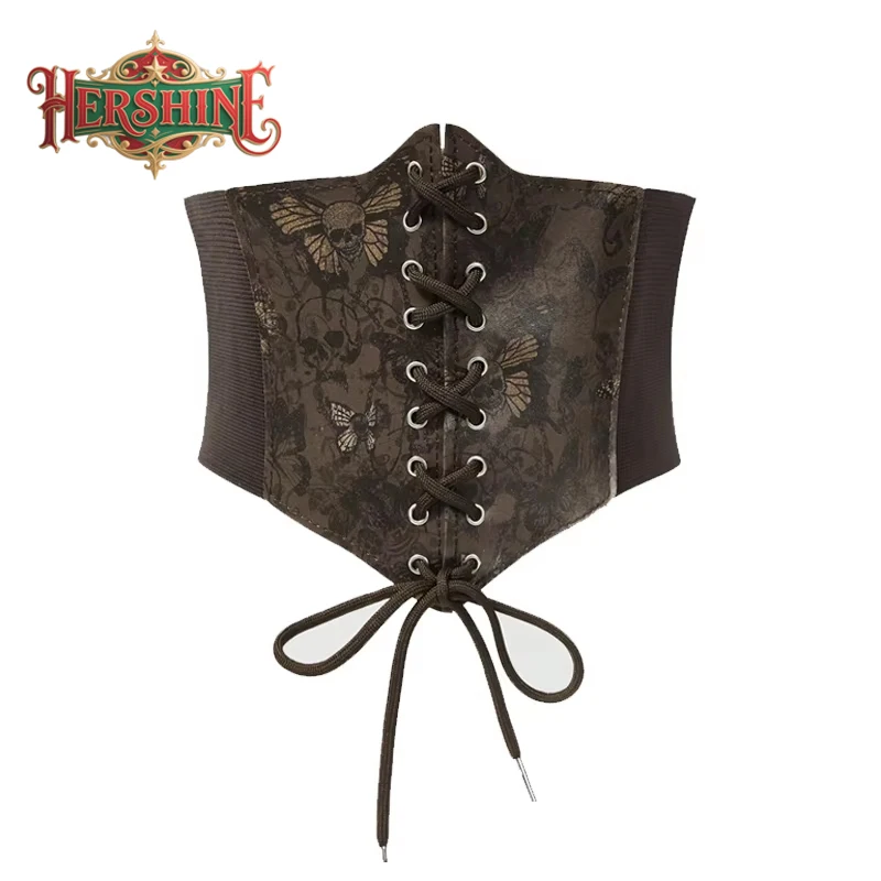 HERSHINE Women's Brown Vintage Skull, Butterfly, and Moth Print Elastic Wide Waist Belt, Y2K Gothic Harajuku Style，spring，summer