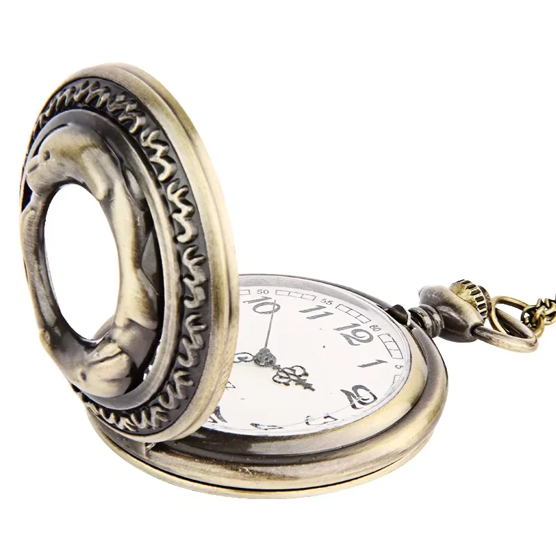 Large bronze lace openwork double dolphin end-to-end pocket watch hair retro pocket watch necklace 9039
