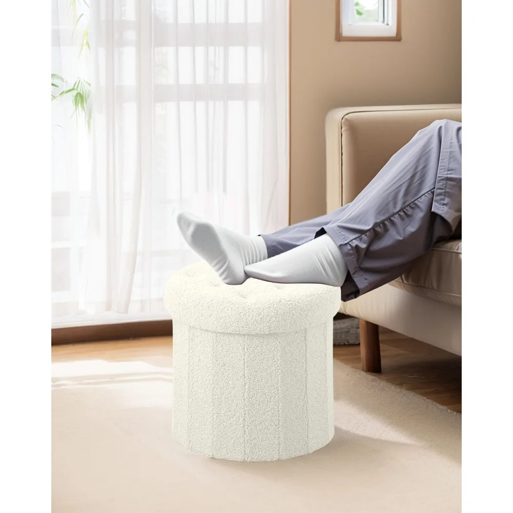 Ronde opbergruimte poef voetenbank, faux teddy fluwelen poef met opbergruimte, voetsteun voor woonkamer slaapkamer of slaapzaal (crème wit