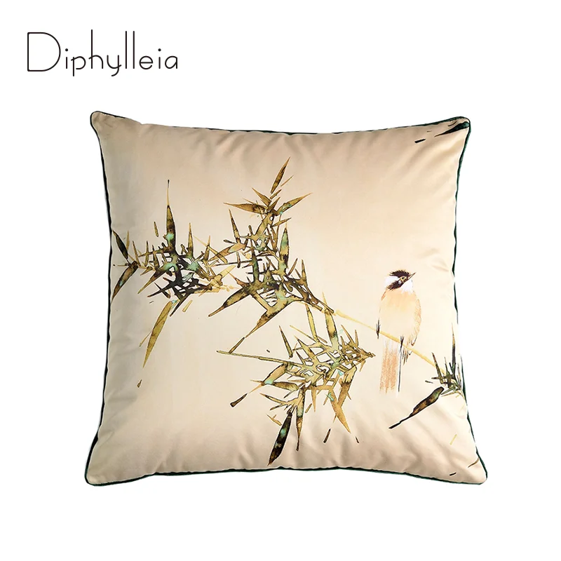 Diphylleia Chinoiserie Accent Decorative Throw Pillow Case Shells Bird On The Bamboo Hand Painted Cushion Cover 45x45cm Apricot