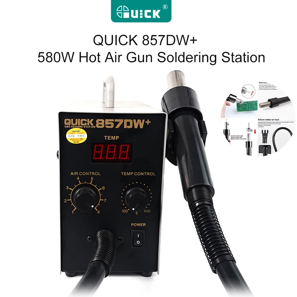 

QUICK 857DW Plus Lead Free BGA 580W Rework Station Digital Display Heater Helical Hot Air Gun Electronics Repair Tools