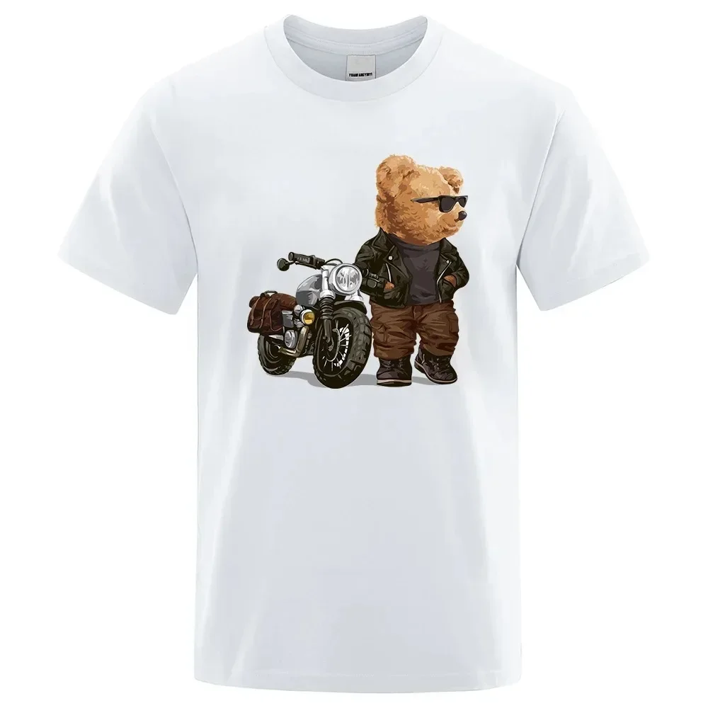 Motorcycle Teddy Bear Wearing Sunglasses T Shirt Men Women Funny Tee Clothing Cotton Oversized Tops Hip Hop Loose Casual T-Shirt