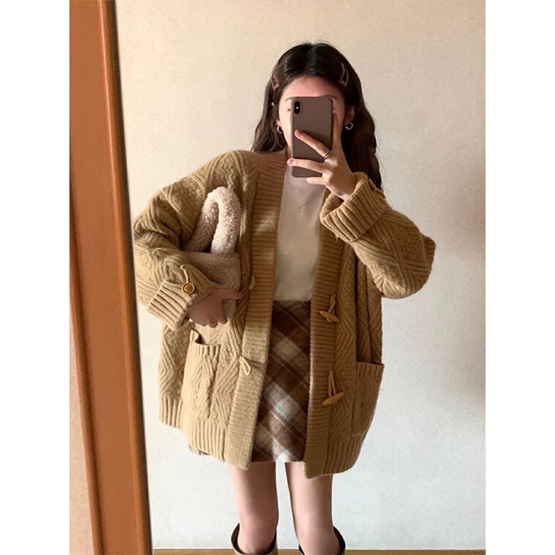 Red Knitting Cardigan Coat Women Autumn Winter Simplicity Loose Long Sleeve Sweater Office Lady All-match Fashion Knitwear Tops