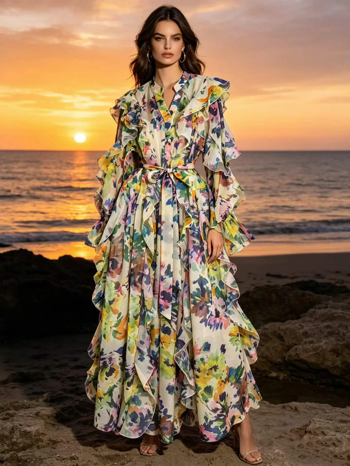 plus Size Women's Vintage Flower Loose Midi Dress with Belt New Arrival Fashionable Women Clothing