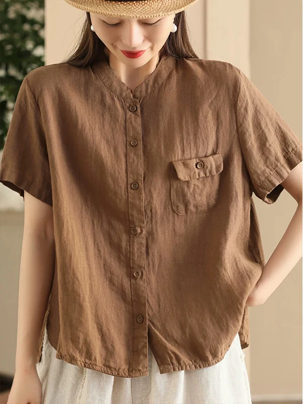 الرجعية اليابانية Sle المرأة القطن الكتان ort Sve irt عارضة الوقوف طوق كيت واحد فضفاضة تناسب الصيف الأعلى