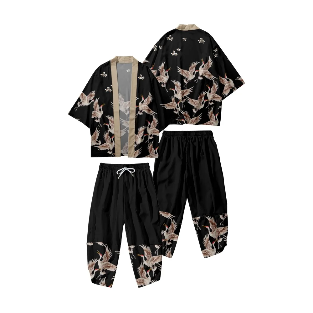 

Cartoon Floral Crane Printed Black Kimono Cropped Pants Set Women Men Japanese Haori Asian Streetwear Cardigan Yukata Cosplay