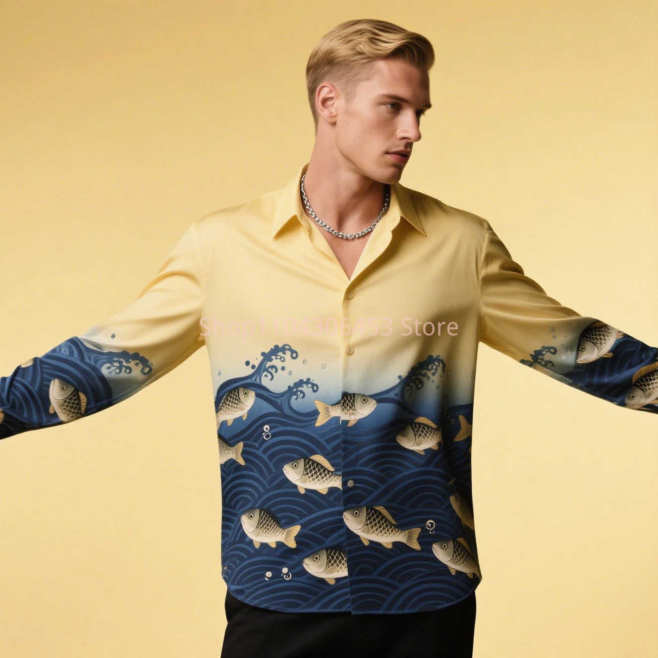 

2025 Men's Ocean Waves 3D Print Colorful Shirt Hawaiian Vacation Casual Long Sleeve Lapel Shirt Outdoor Street Fish Pattern Top