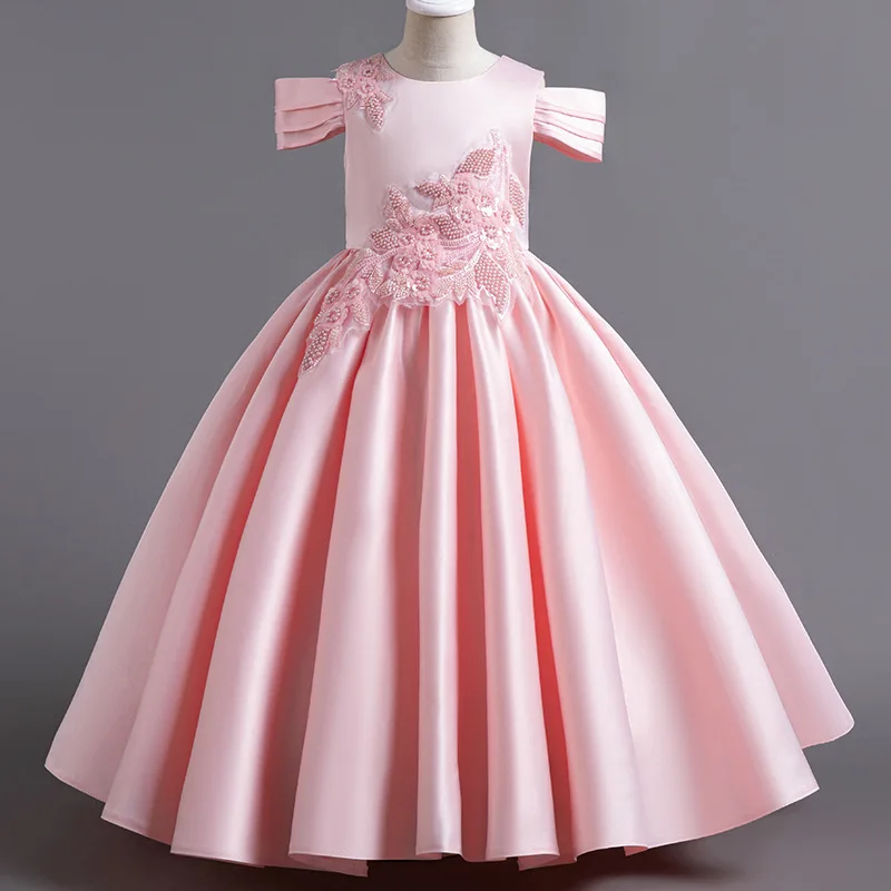 

Children Formal Dress Long Princess Dress Satin Fabric Light Luxury Dress Party Girl's First Birthday Host Performance Dress