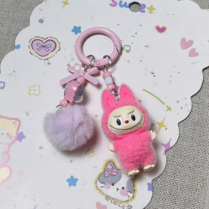 

Labubu Keychain Flocking Standing And Sitting Posture Doll Keyring Cute Mini Cartoon Bowknot Backpack Pendant Decoration Gifts