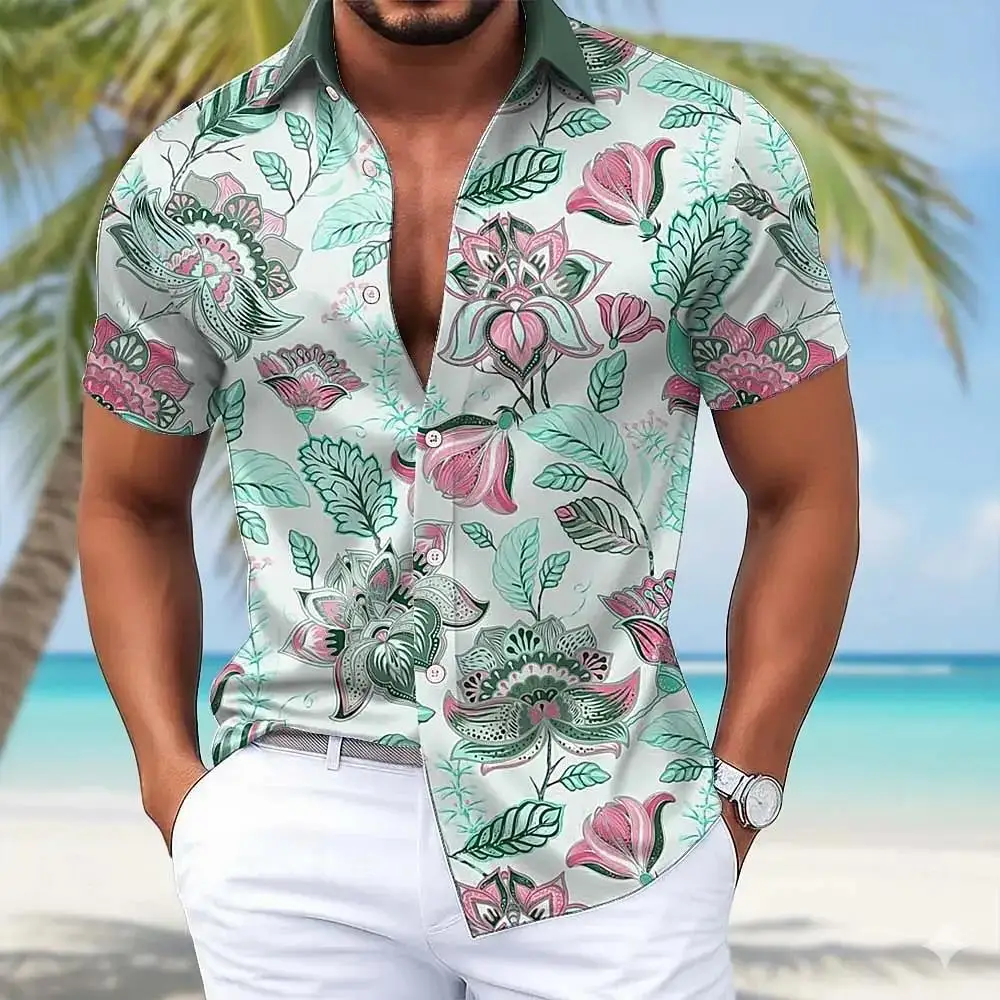 

New Summer 3D Printed Shirts for Men Comfortable Short Sleeve Lapel Button-up Vacation Blouses Men Hawaiian Leisure Beach Shirts