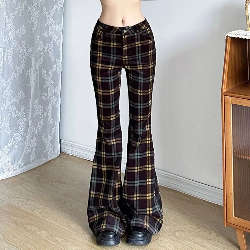 Flared Pants Low-Waist Contrasting Plaid Boot-Cut Pants For Women Spring Autumn Slimming Hip-Raising Fashionable Casual Trousers