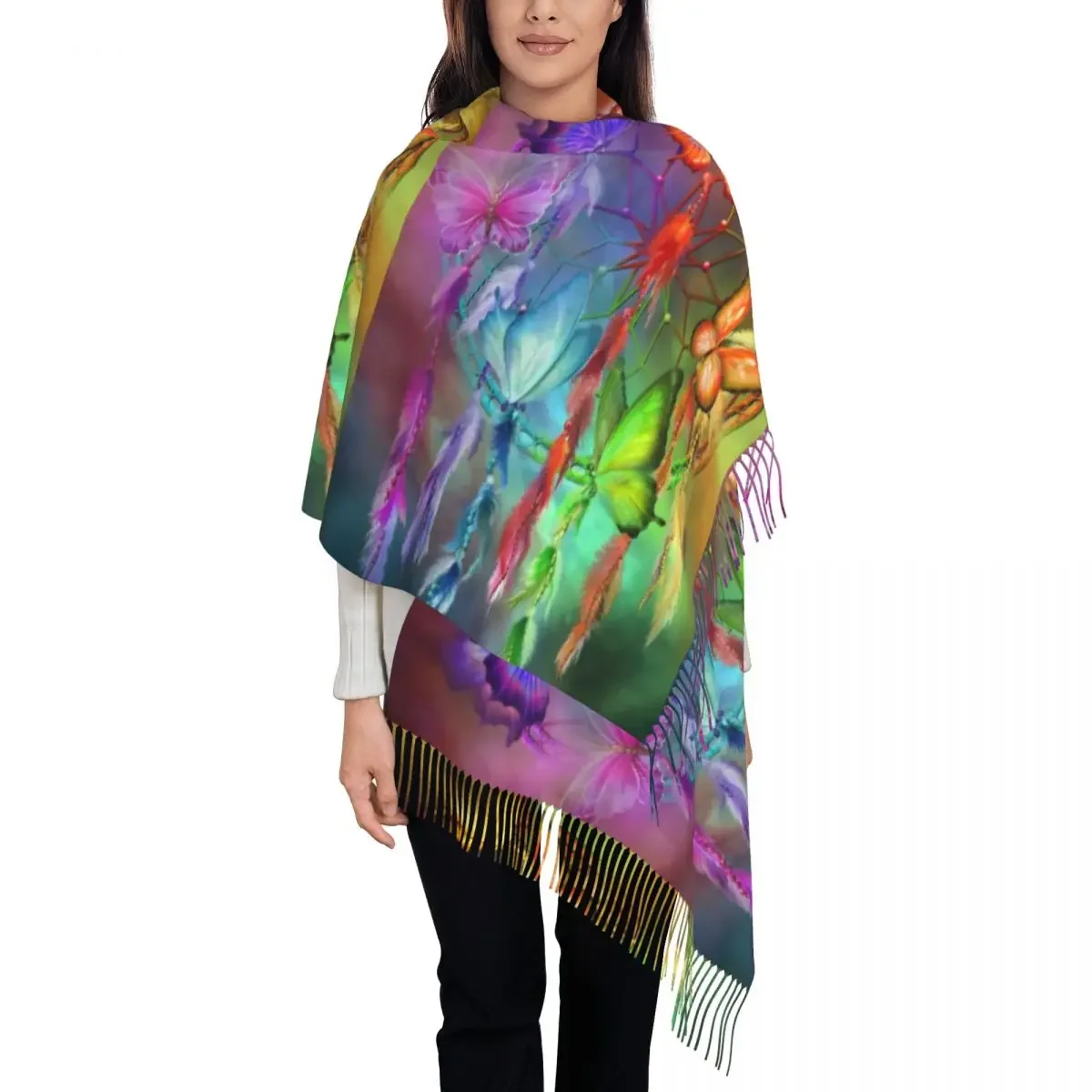 Dream Catcher Scarf with Tassel Rainbow Dreams Outdoor Shawl Wrap Women Printed Large Scarves Winter Popular Bufanda