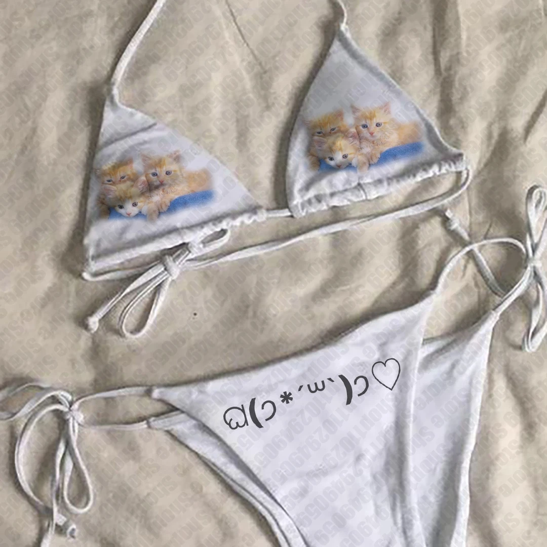 Bikini gótico Sexy estilo Y2k de los años 2000, traje de baño con estampado de gato, traje de baño dividido, conjuntos de Bikinis góticos con cintura, trajes de playa para mujer, trajes de baño