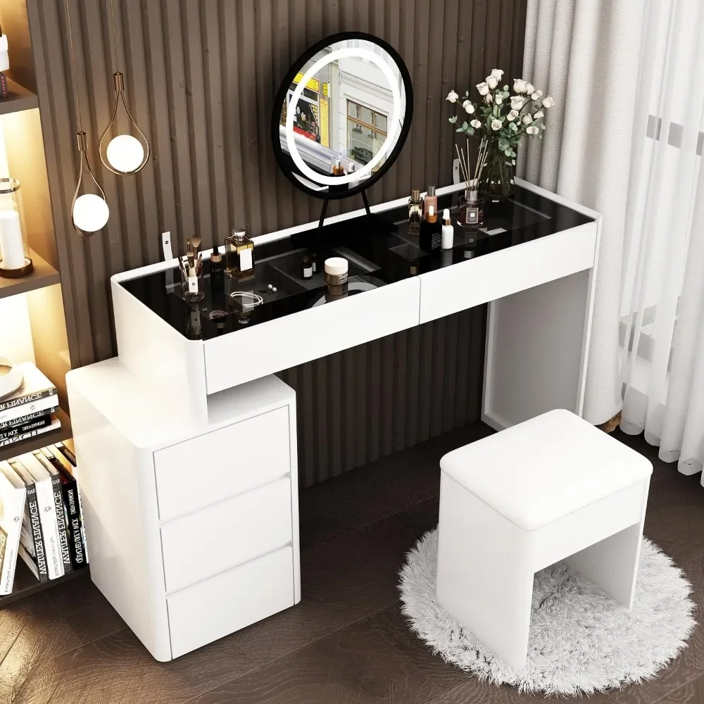 Makeup Vanity Desk Set with Lighted Mirror, Glass Top & Drawer Organizer,Lots Storage and Movable Cabinet for Bedroom, White