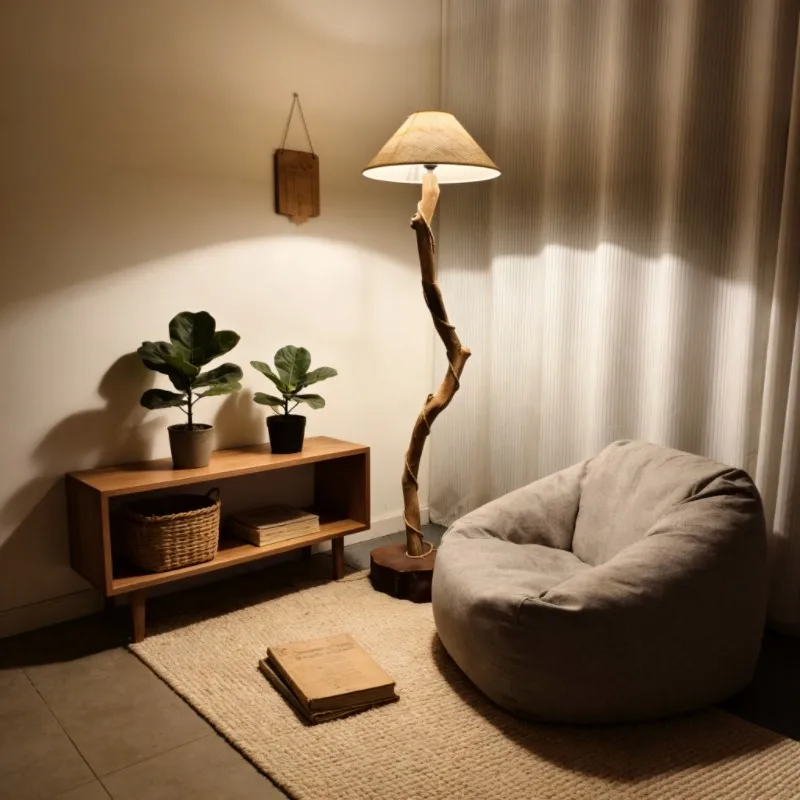 Handmade Wood Art Corner Rope Wrapped Forest Green Plant Ins Style Soft Decor LED Home Decor Standing Atmosphere Light Fixture