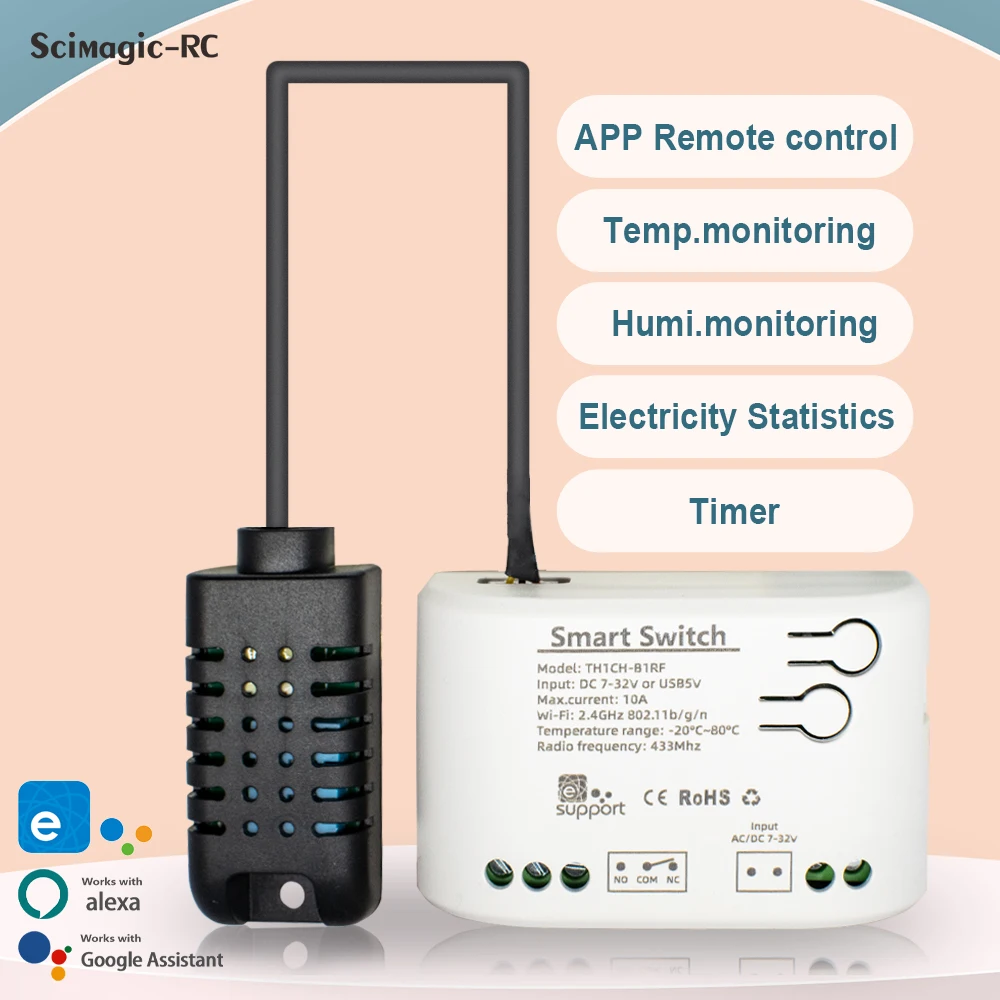 EWELINK 7-32V or 85-250V Temperature Humidity Monitoring Smart Switch Control using WIFI and 433mhz RF With Alexa Google Home