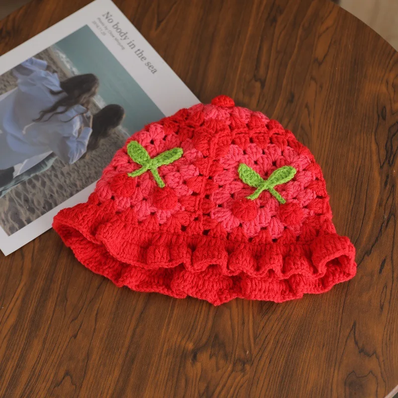Sweet Cartoon 3D Cherry Handmade Crochet Knit Hat, Ruffled Edge Wool Hat, Fashionable Hollow-Out Fisherman Hat, Bohemian Style, Suitable as a Daily Casual Accessory for Autumn and Winter