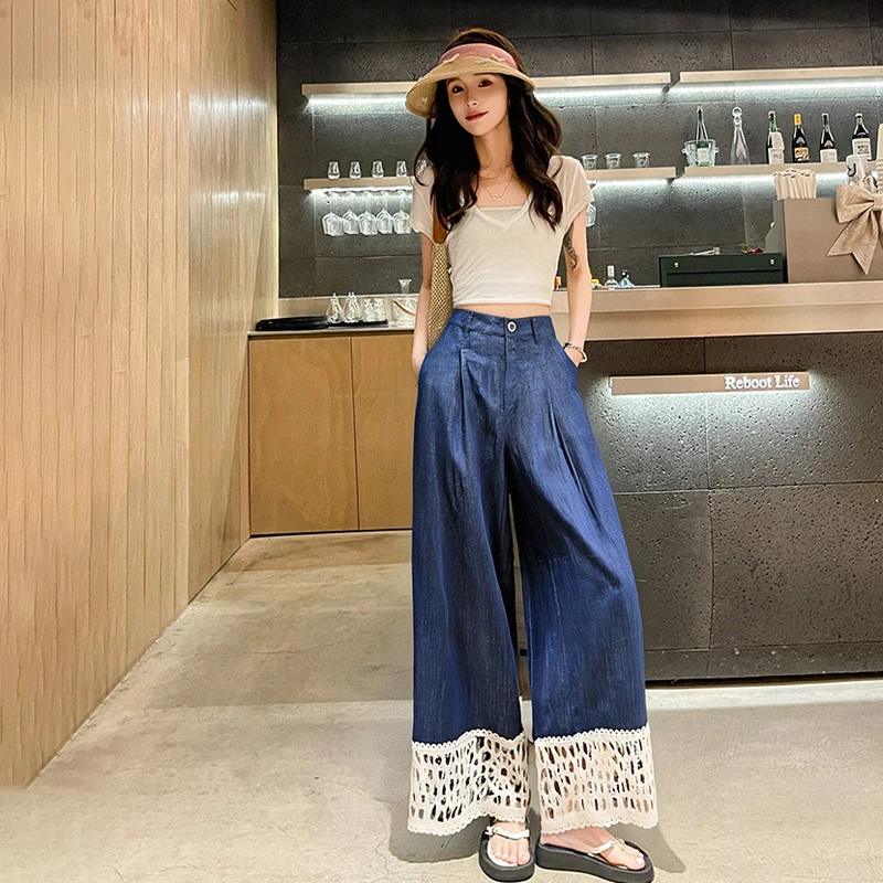 Pantaloni dritti a vita alta larghi estivi da donna con design con cuciture in pizzo cavo