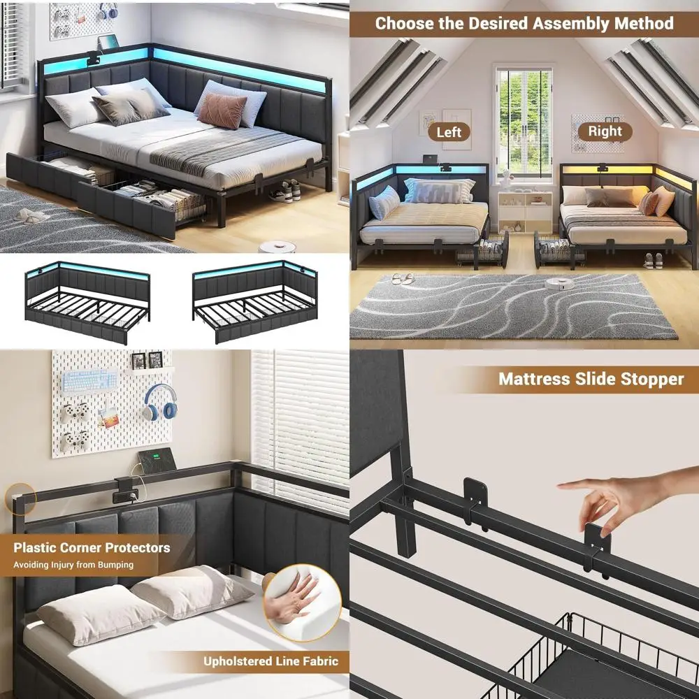 

Двуспальная кровать-софа с льняной обивкой, выдвижными ящиками для хранения, светодиодной подсветкой и зарядной станцией