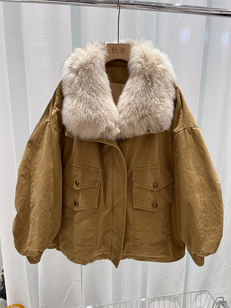 Cusual Winter Warm Women Real Natural Fox Fur Collar Goose Down Jackets Loose Puffer Parka Jackets Thick Female Streetwear