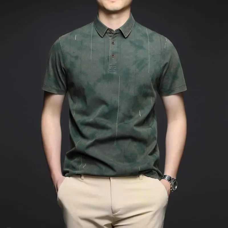 Washed Vintage T-Shirt Polo Shirt for Middle-Aged and Elderly Men, Solid Color Casual Top, British Style with Pockets, Washed and Distressed Craftsmanship, Nostalgic Retro Style with Faded Effect