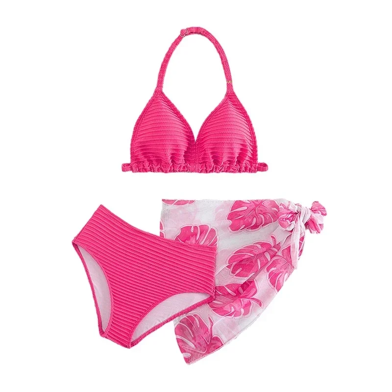 Costume da bagno per bambini Costume da bagno per bambini ﻿ Confezione da 3 set bikini stampati con foglie frontali per bambine e gonne 8-11 anni