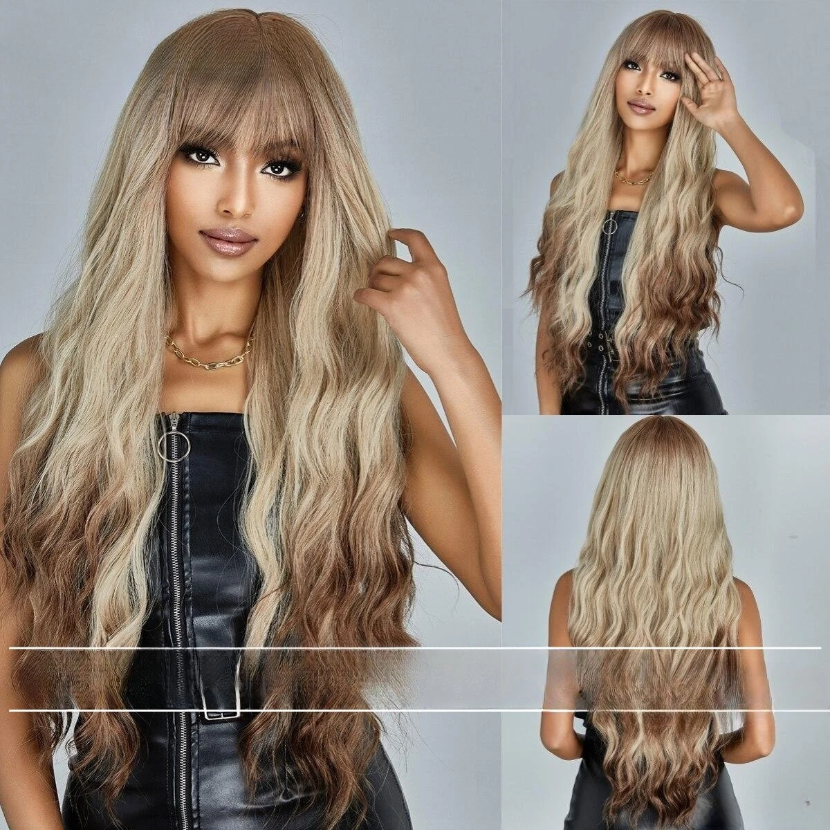 

Fashion European and American style Qi bangs big waves gradual change blond long curly hair natural fluffy wig full head cover
