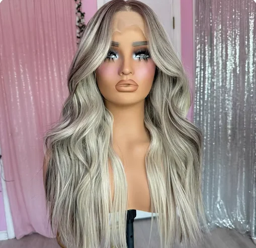 Ashy Grey Blonde Highlights Women Natural Wig 13x4 Lace Frontal Wigs Soft Synthetic Lace Wig Loose Wavy High Heat Fibre Cosplay