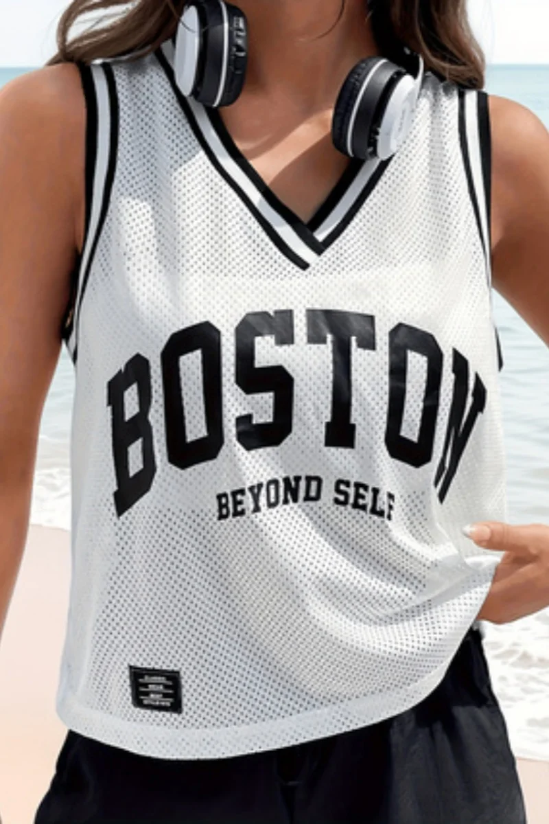 Ladies' fashionable letter printed sleeveless vest top, sporty style, hollowed out breathable