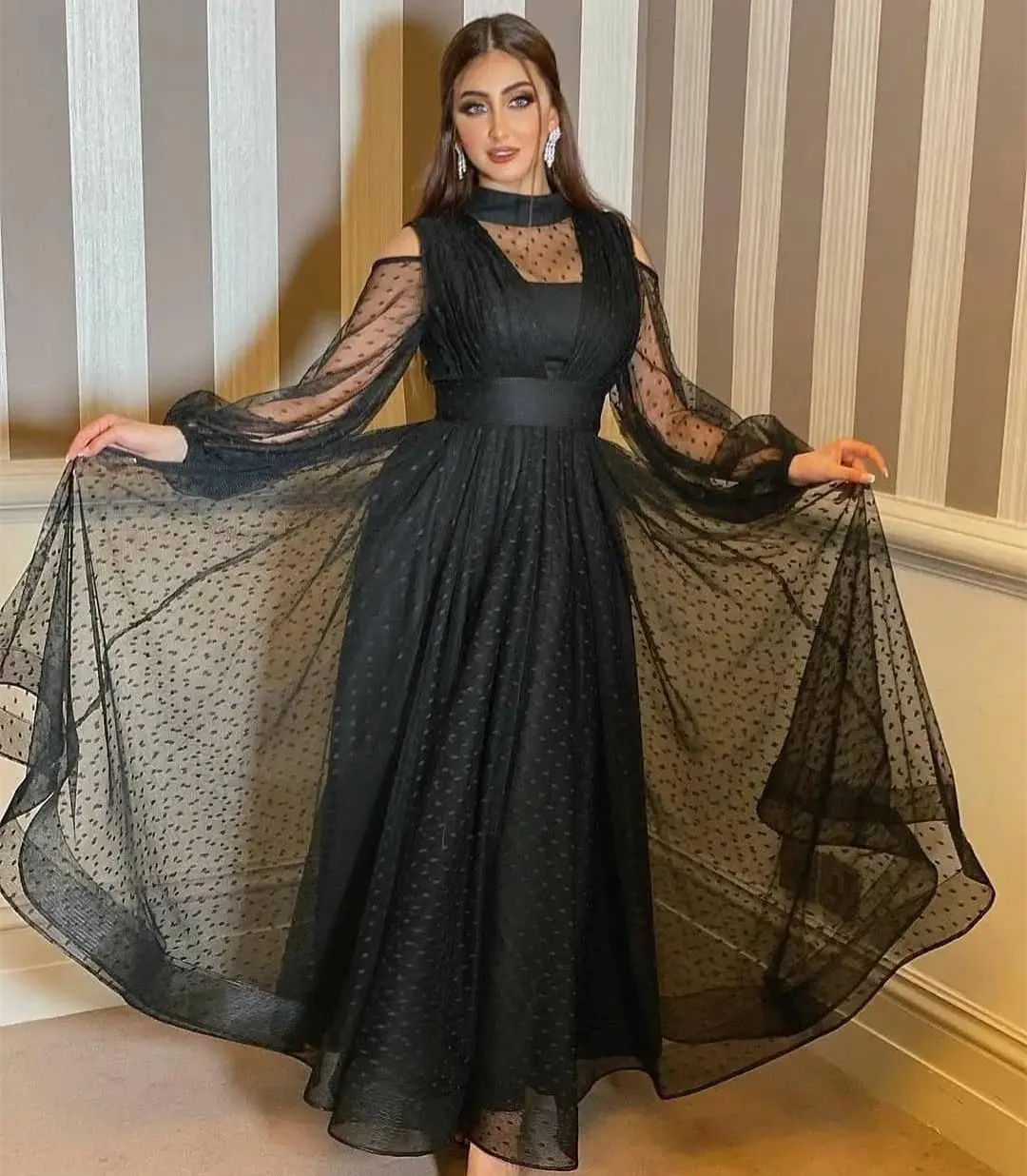 

BridalAffair Long Black Muslim Evening Dresses A-Line O-Neck Flowy Pleated Zipper Back Floor Length Robe De Mariée Party Gowns