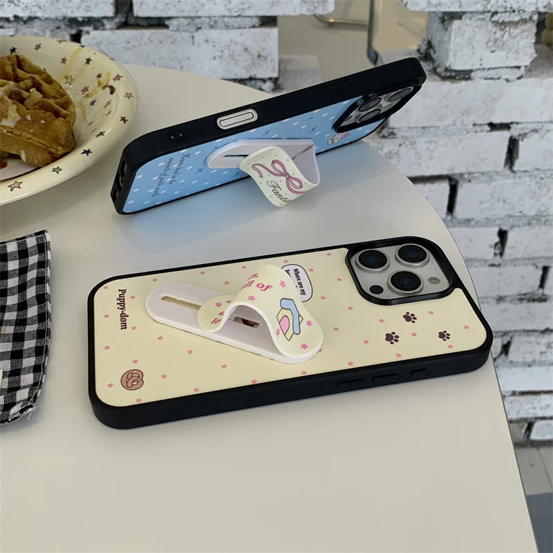 Корейский чехол для телефона с милым щенком и звездой в горошек для iPhone 16 Pro 15 14 13 Pro Max, чехол с подставкой, мультяшные жесткие чехлы Funda