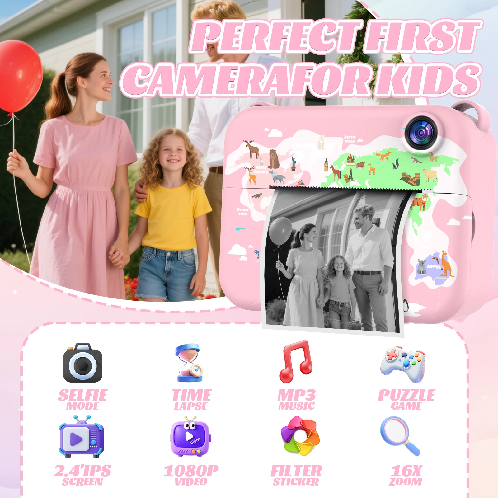 Digitale kindercamera 1080P HD-videorecorder met instant print Mini thermische printer Educatief verjaardagscadeau voor kinderen