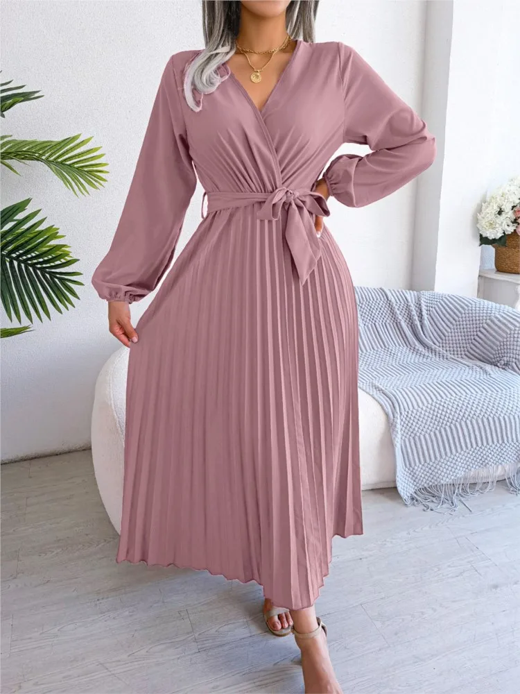 Long Dresses Autumn Fashion Solid Color V-Neck Pleated Lace Up Black & Purple Dress 2024 Casual Women\'s Dresses Robe Vestidos