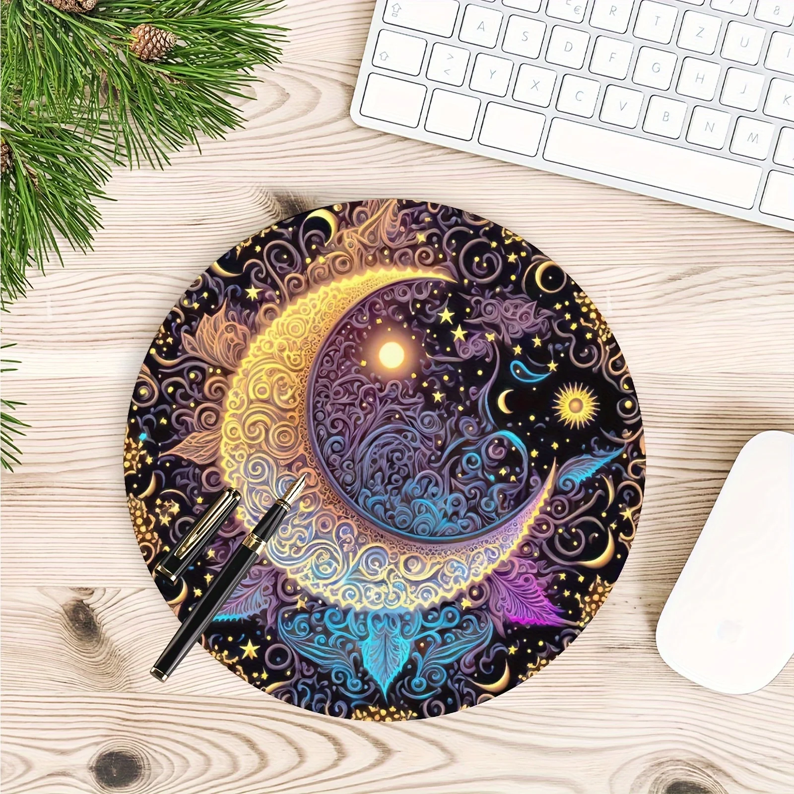 

1pc Gaming Mouse Pad Cool Round Mousepad Non-slip Rubber Mouse Mat Desk Pad Suitable for Office Computers Laptops Sun and Moon