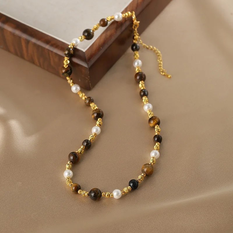 

Minar Wholesale Natural Stone Tigereye Simulated Pearl Beads Beaded Necklace for Women 14K Real Gold Plated Copper Chain Strand
