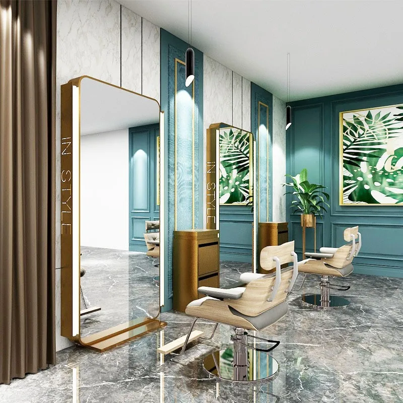 

Golden hairdressing mirror table hair salon special high-definition stainless steel barber mirror with light single and double