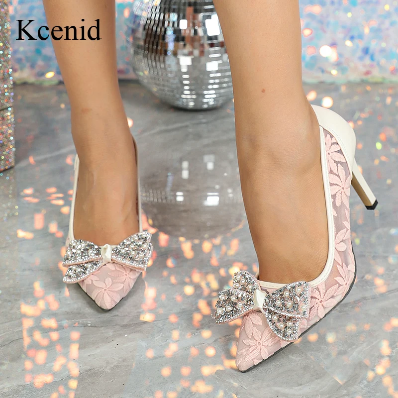 Kcenid neue Perle Strass Schmetterling Knoten Dame Sommer Pumps Frauen Mesh High Heels sexy Party Stiletto Hochzeits schuhe für Frauen