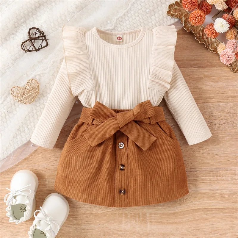 Adroable Toddler Autumn Outfits Solid Color Ruffles Long Sleeve Ribbed T-shirts Belted Mini Skirts Set Casual Baby Girls Clothes