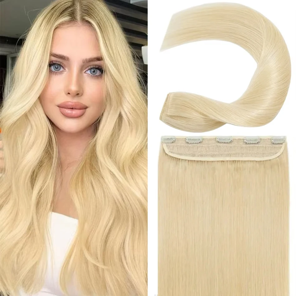 Straight Clip in Hair Extensions One Piece 5Clips 3/4 Full Head Shaped Weft Thicker Hair Blonde Mix Bleach Blonde #613 for Women