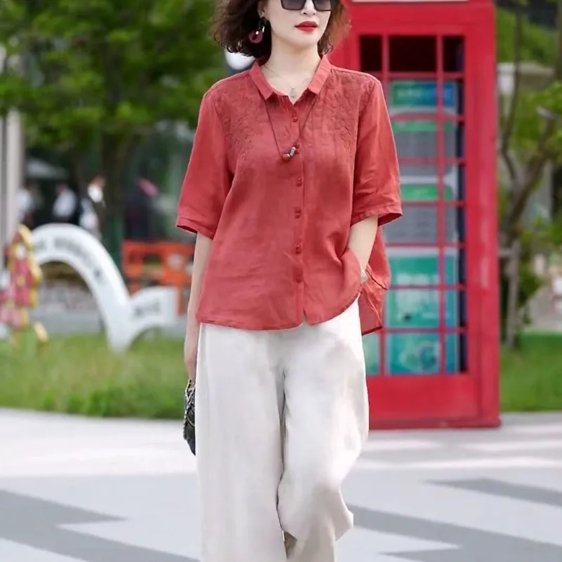 Immagine 3: Camicie floreali ricamate retrò da donna estive Pantaloni a gamba larga solidi Set da due pezzi 2025 Camicetta polo in cotone da donna Pantaloni Abiti