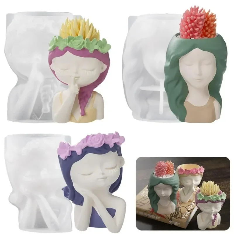New Silicone Mold 3D Cute Girl Flower Pot Mould DIY Handmade Crafts Plaster Candle Crystal Epoxy Resin Mold for Home Decors