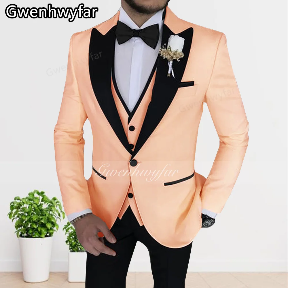

Gwenhwyfar Spring New Customized Peach Men's Suit Black Peaked Lapel Single Breasted Wedding Suits Slim Fit Casual Suit Set