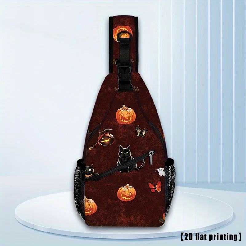 

Сумка через плечо на Хэллоуин с черным котом, тыквой, летучей мышью, черепом — нагрудный кошелек большой емкости, регулируемый ремень, застежка-молния